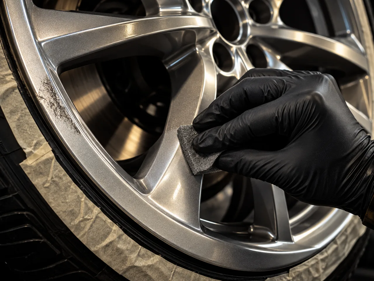 Illustrative close-up of alloy wheel texture and careful cosmetic preparation