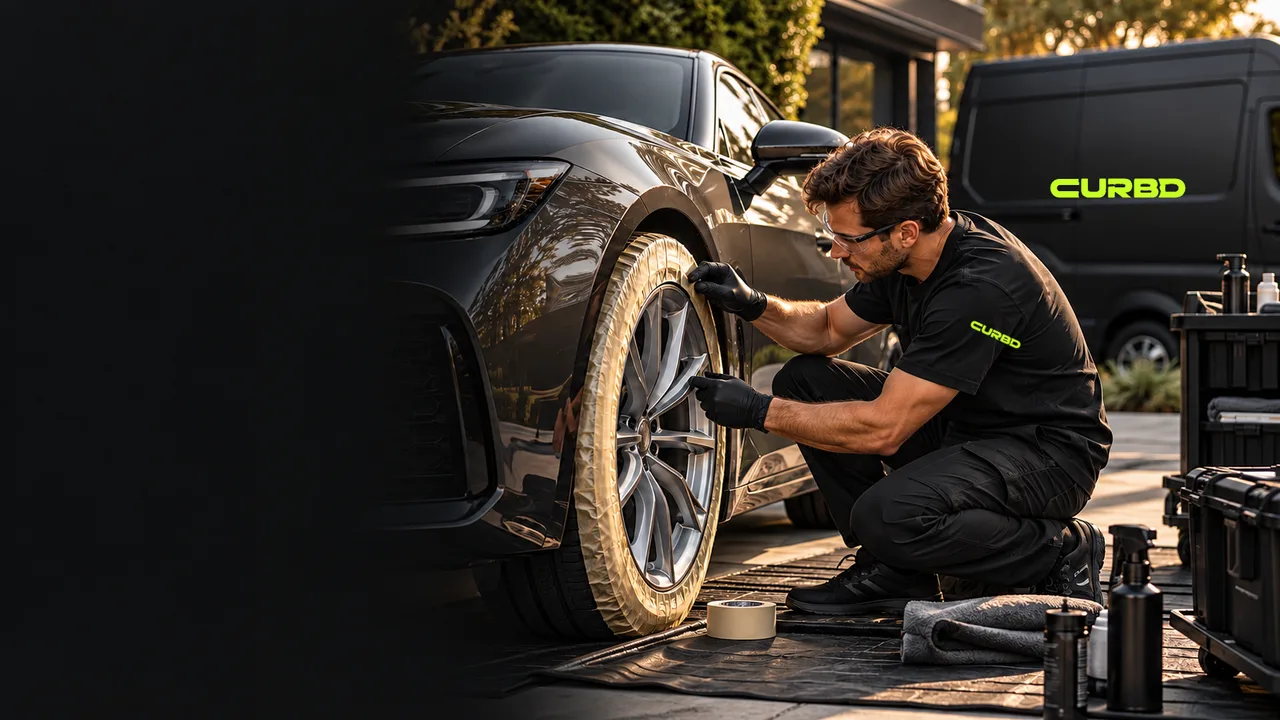 Illustrative technician carefully inspecting a graphite vehicle’s alloy wheel beside a mobile service van