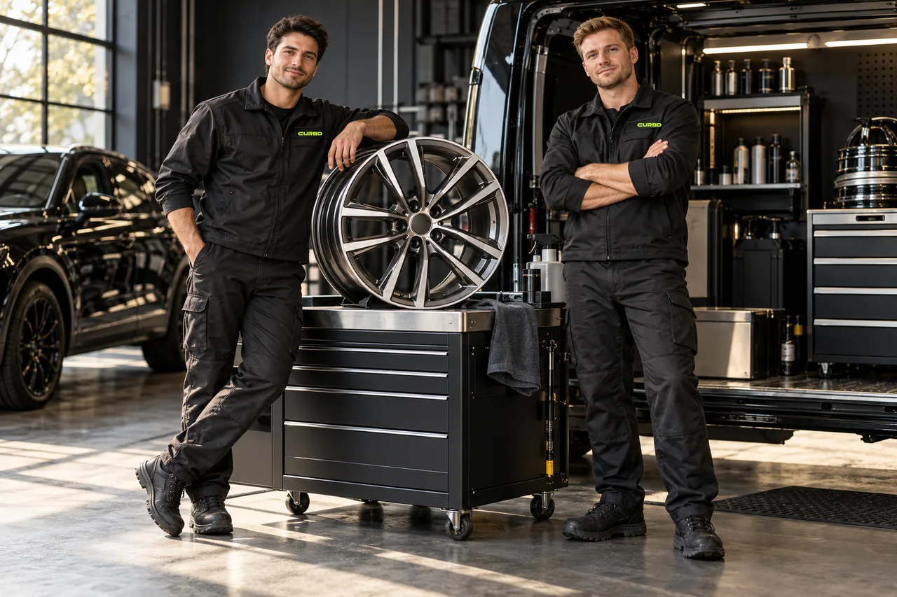 Illustrative technician models beside an alloy wheel in a workshop